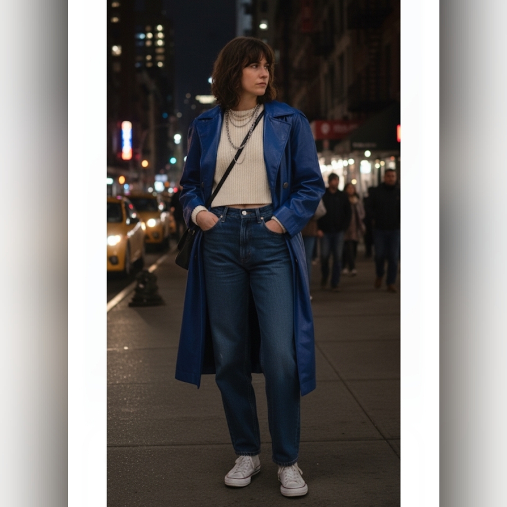 LG Vintage Longline Blue Trench Coat Notched Lapels Faux Leather 80s Glamour - Picture 16 of 16